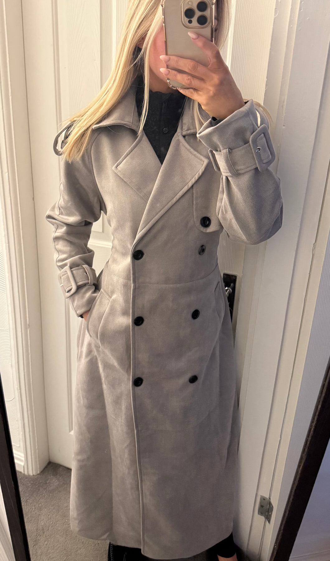 Grey faux suede trench coat
