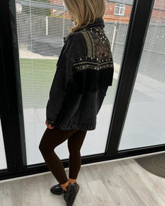 Embroidered fringe denim jacket