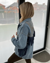 Load image into Gallery viewer, Embroidered fringe denim jacket
