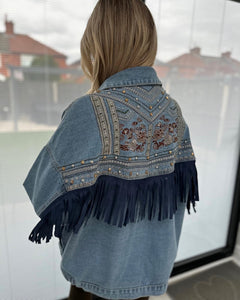 Embroidered fringe denim jacket