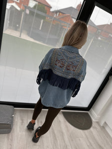 Embroidered fringe denim jacket